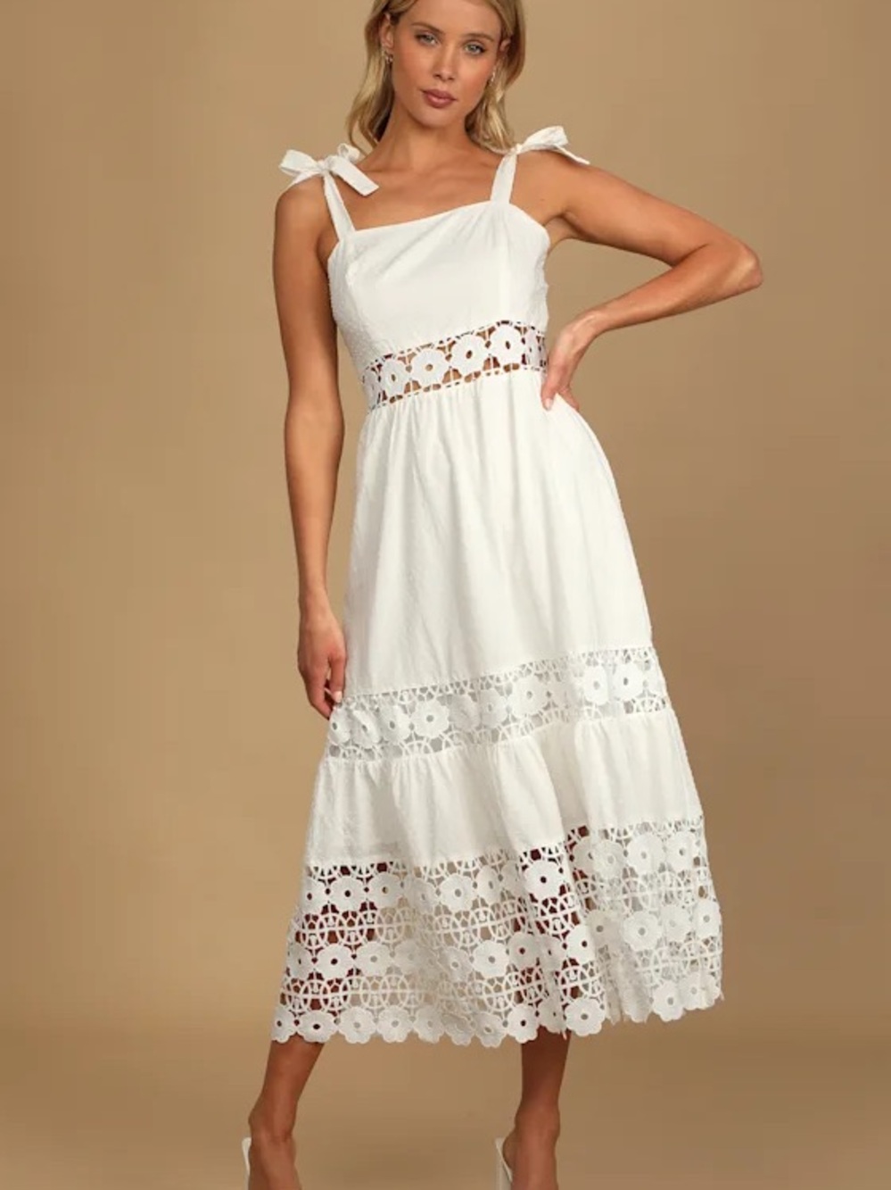 Lulu's White Eyelet Tie-Shoulder Midi Dress